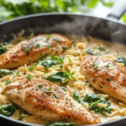 Imagine a dish that perfectly balances creamy richness with the comforting heartiness of chicken and pasta. The Creamy Parmesan Chicken and Orzo recipe delivers just that – a delightful fusion of flavors that will transport your taste buds straight to culinary heaven. In this dish, tender, juicy chicken breasts are enveloped in a silky, cheesy sauce, complemented by al dente orzo pasta and fresh spinach. Whether you're preparing a weeknight family dinner or hosting a special gathering, this recipe is guaranteed to impress and satisfy.