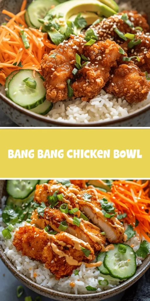 Discover the deliciousness of the Bang Bang Chicken Bowl, a perfect fusion of Asian and American flavors! This vibrant dish features crispy chicken coated in a creamy, spicy sauce, served over a bed of rice or noodles with fresh veggies. Whether for a casual dinner or meal prep, this recipe is both satisfying and easy to customize. Bring flavor to your table with this delightful bowl! #BangBangChicken #FusionFood #RecipeIdeas #DinnerInspo #HealthyEating