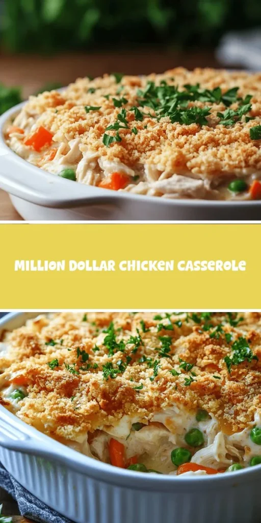 Discover the ultimate comfort food with our Million Dollar Chicken Casserole! This easy and delicious dish combines tender shredded chicken, a creamy base, and a crunchy topping that is sure to please everyone at the table. Perfect for busy weeknights or family gatherings, this casserole is packed with flavors and can be customized to suit various dietary preferences. Get ready to make this a staple in your home! #ChickenCasserole #ComfortFood #FamilyDinner #EasyRecipes #CasseroleLovers #HomeCooking