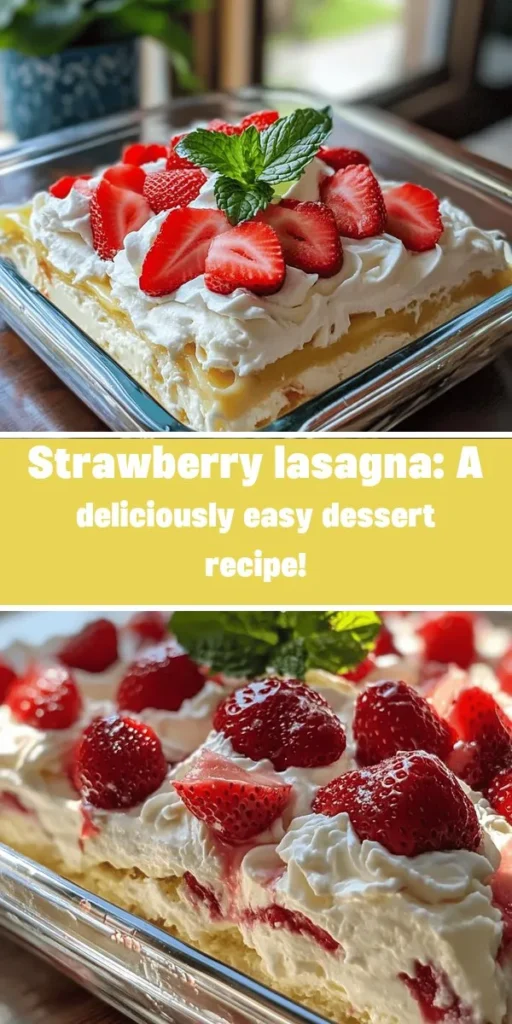 Looking to impress your guests with a refreshing dessert? Try the Strawberry Lasagna Delight! This no-bake treat features layers of creamy filling, fresh strawberries, and a crunchy graham cracker crust, making it perfect for summer gatherings. It's simple to prepare, visually stunning, and deliciously sweet. Perfect for any occasion, this dessert is sure to become a favorite! Check out the full recipe now! #StrawberryLasagna #NoBakeDessert #SummerDesserts #EasyRecipes #FoodieFavorites