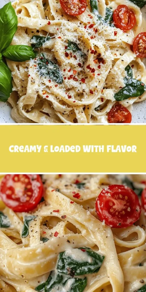 Indulge in the creamy goodness of Garlic Parmesan Pasta, a delicious treat for any occasion! This delightful dish combines fettuccine, rich heavy cream, and aromatic garlic, making it a comforting favorite. Fresh spinach and cherry tomatoes add a nutritious pop, elevating your meal both in flavor and presentation. Perfect for family dinners or impressing guests, it's simple to make and utterly satisfying. Discover the recipe and tips now! #PastaLovers #ComfortFood #GarlicParmesan #CookingTips #FoodieDelight #PastaRecipes #HomeCooking
