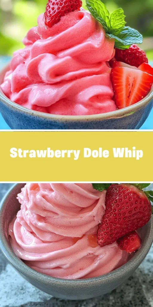 Beat the heat with the delicious Tropical Strawberry Dole Whip Treat! This fruity, creamy dessert blends frozen strawberries, coconut milk, and a splash of lime for a refreshing twist on the classic Dole Whip. Perfect for summer gatherings or a poolside snack, it&rsquo;s both dairy-free and guilt-free! Enjoy it in bowls, cones, or as a fun DIY treat bar at your next party. Get creative with toppings and experience a taste of tropical paradise! #DoleWhip #StrawberryDessert #SummerTreat #HealthyDesserts #VeganTreats #TropicalFlavors