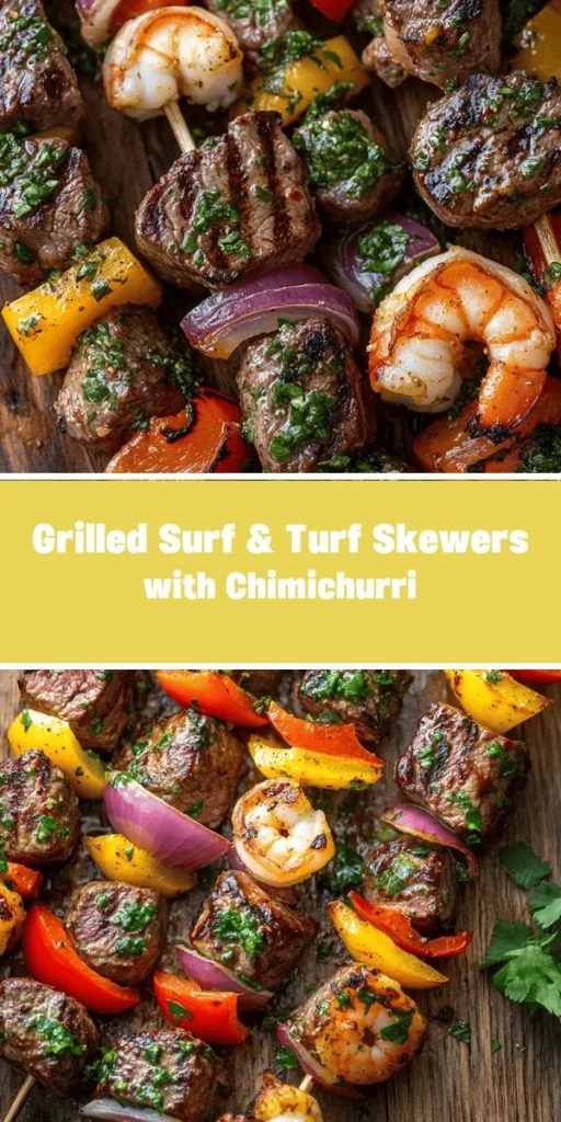Transform your summer gatherings with Grilled Surf & Turf Skewers drizzled in zesty chimichurri sauce. Indulge in the rich flavors of sirloin steak and succulent shrimp, combined with fresh bell peppers and onions for a colorful, tasty dish. Perfect for barbecues and family dinners, these skewers are easy to customize and guaranteed to impress your guests. Elevate your grilling game and enjoy a delightful feast! #SurfAndTurf #GrilledSkewers #Chimichurri #BBQ #SummerEats #CookingAtHome