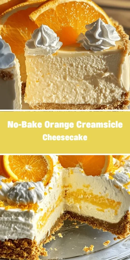 Cool off this summer with a delicious No-Bake Orange Creamsicle Cheesecake! This easy-to-make dessert combines creamy cheesecake with zesty orange flavor, perfect for gatherings or a special treat. With a crunchy graham cracker and coconut base, each bite is light and refreshing. Ideal for both novice bakers and seasoned chefs, this dessert will impress everyone at your table. Try it out and savor every bite! #NoBakeCheesecake #OrangeCreamsicle #SummerDessert #EasyRecipes #CitrusDelight