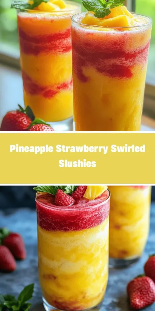 Beat the heat this summer with delicious Pineapple Strawberry Swirled Slushies! This vibrant drink combines the tropical flavors of pineapple with juicy strawberries, creating a refreshing and nutritious treat perfect for hot days. Easily customizable, these slushies are not only fun to make, but they're also a great way to sneak in some fruit. Impress your friends at summer parties or enjoy a cool refreshment at home. #Slushie #SummerDrinks #PineappleStrawberry #HealthyTreat #FrozenDrink #RecipeIdeas #FruitSmoothie