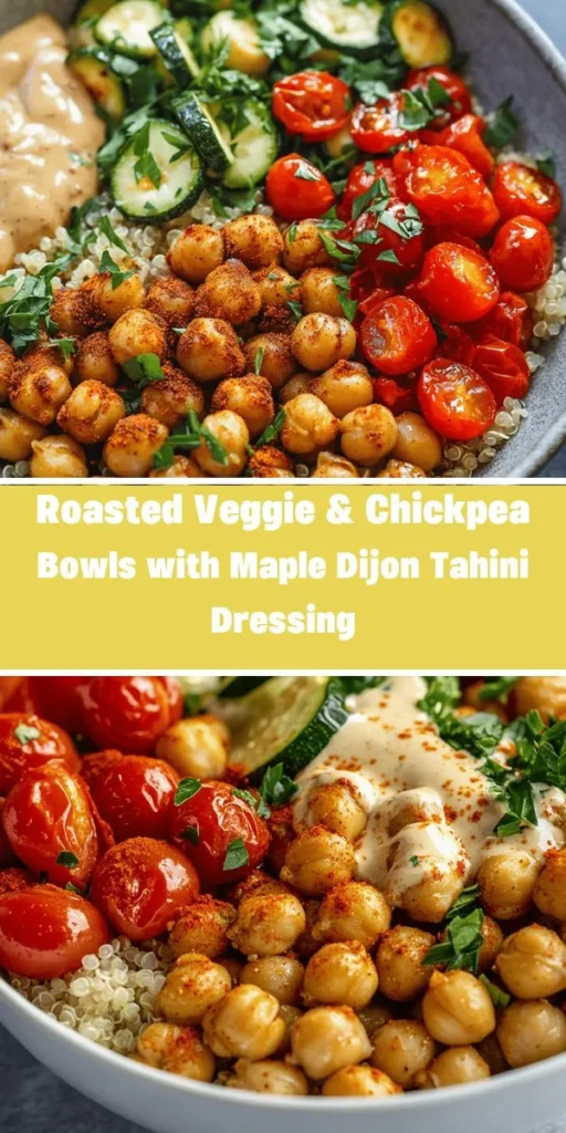 Elevate your mealtime with these vibrant Roasted Veggie & Chickpea Bowls drizzled in a creamy Maple Dijon Tahini Dressing! Full of colorful roasted veggies and protein-packed chickpeas, this delicious dish is perfect for plant-based lovers. Experiment with seasonal produce and enjoy a nutrient-rich meal that's wholesome and hearty. Ideal for lunch or dinner, it&rsquo;s a feast for the eyes and body! #HealthyEating #PlantBased #ChickpeaBowls #VeggieLovers #CleanEating #MealPrep #TahiniDressing