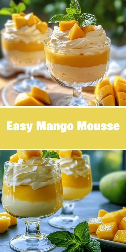 Indulge in the tropical goodness of Easy Mango Mousse! This delightful dessert combines ripe mangoes with light whipped cream for a refreshing treat perfect for any occasion. Whether for a dinner party or a sweet escape at home, this mousse is simple to make and incredibly satisfying. Enjoy its vibrant color and creamy texture topped with fresh mint for an elegant presentation. Embrace summer in every bite with this delicious recipe! #MangoMousse #DessertRecipes #TropicalTreats #EasyRecipes #SummerDesserts