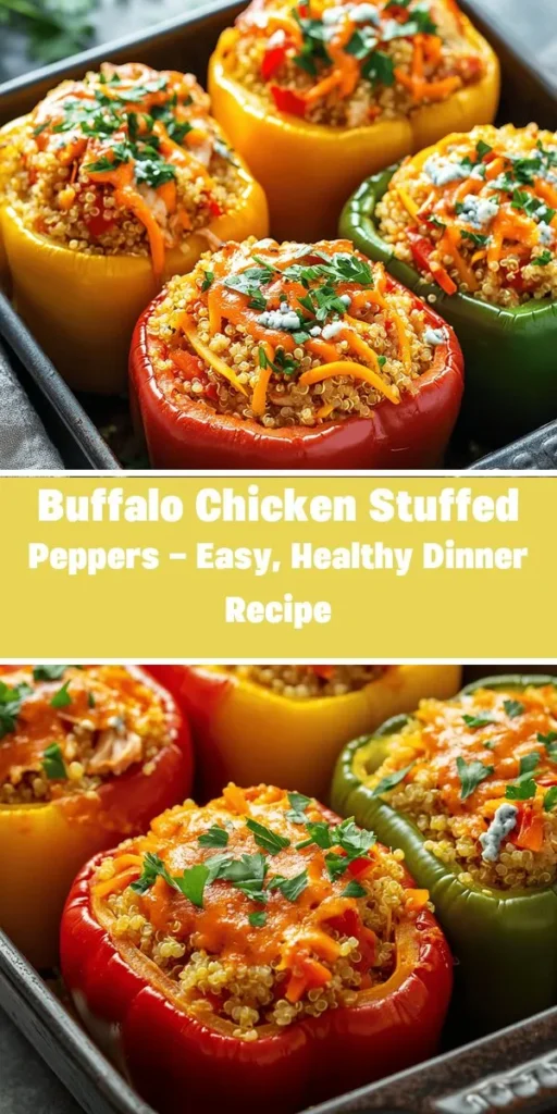 Discover the deliciousness of Buffalo Chicken Stuffed Peppers—a healthy twist on a classic dish! These colorful peppers are filled with a mouthwatering mix of lean chicken, spicy Buffalo sauce, and nutritious veggies, making them a perfect choice for any meal. Not only are they easy to prepare, but they also offer a great way to enjoy comfort food without the guilt. Get ready to impress your family and friends! #StuffedPeppers #HealthyRecipes #BuffaloChicken #MealPrep #CookingIdeas