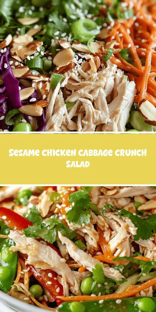 Discover a burst of flavors with our Sesame Chicken Cabbage Crunch Salad! This vibrant dish combines tender chicken, crunchy cabbage, and colorful veggies, all dressed in a savory sesame dressing. Perfect for lunch, dinner, or meal prep, it&rsquo;s nutritious and delicious! Easy to make and packed with health benefits, this salad is a must-try for busy weeknights. Elevate your meals with this tasty recipe! #HealthyEating #SaladRecipe #MealPrep #CabbageSalad #HealthyLunch #ChickenSalad #CleanEating
