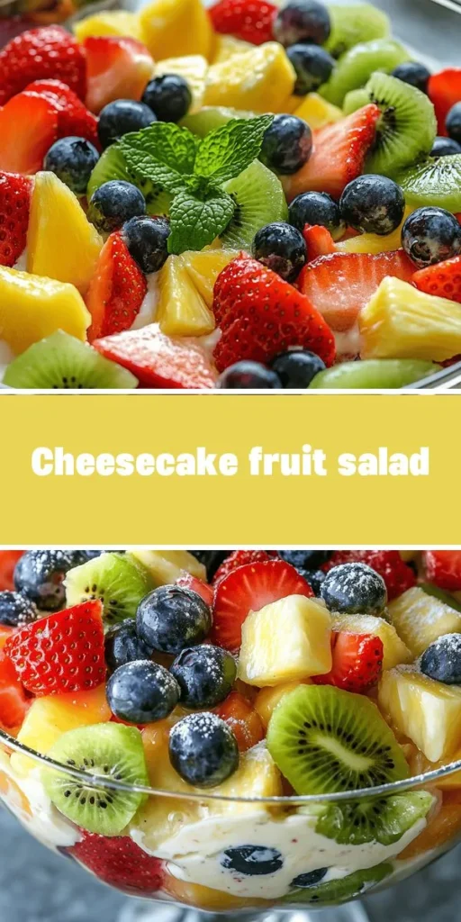 Add a twist to your dessert repertoire with this Cheesecake Fruit Salad Delight! Combining fresh seasonal fruits like strawberries, blueberries, and kiwi with a creamy cheesecake dressing, this indulgent yet refreshing treat is perfect for summer gatherings or family get-togethers. Packed with vibrant flavors and appealing colors, it's sure to impress everyone. Try this easy recipe and elevate your fruit salad game! #Dessert #FruitSalad #CheesecakeDelight #SummerTreat #HealthyDesserts #Yummy