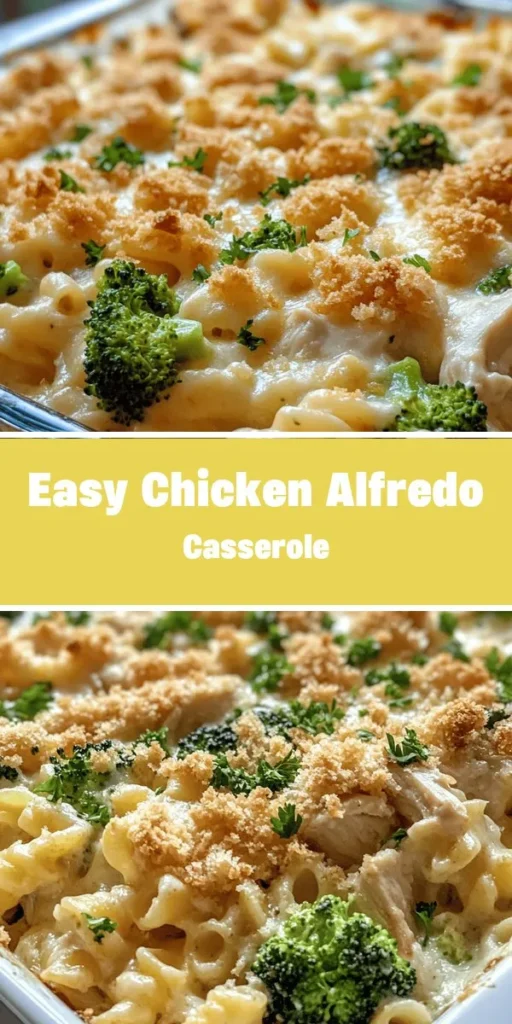 Discover the ultimate comfort food with this Creamy Chicken Alfredo Casserole! Perfectly combining tender chicken, rotini pasta, and a rich Alfredo sauce, this dish is a family favorite for dinner or potlucks. Easy to prepare and customizable, it&rsquo;s ideal for busy weeknights or gatherings. With nutritious broccoli and cheesy goodness, every bite is indulgent. Get ready to impress everyone at your table! #ChickenAlfredo #Casserole #ComfortFood #EasyMeals #FamilyDinner #RecipeIdeas