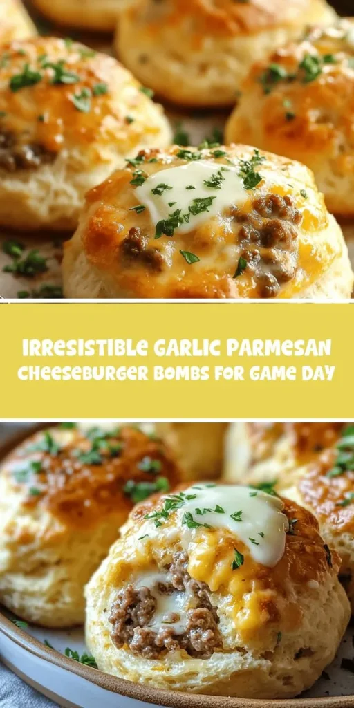 Get ready for a flavor explosion with these irresistible Garlic Parmesan Cheeseburger Bombs! These bite-sized treats combine juicy ground beef, sharp cheddar, and creamy parmesan, all wrapped in buttery biscuit dough. Perfect for game day, family gatherings, or a cozy night in, they are a crowd-pleaser that’s easy to make. Serve them with your favorite dipping sauces for an amazing snack experience! #CheeseburgerBombs #Appetizers #GameDaySnacks #Foodie #ComfortFood #Yummy