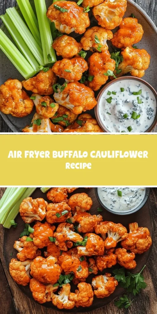 Discover the delicious and healthy alternative to traditional buffalo wings with this Spicy Air Fryer Buffalo Cauliflower recipe. Enjoy crispy, flavorful cauliflower florets coated in spicy buffalo sauce, all made guilt-free using an air fryer. Perfect for gatherings, movie nights, or as a nutritious snack, this dish offers a satisfying crunch without the excess oil. Elevate your plant-based snacks with this easy-to-make dish! #BuffaloCauliflower #AirFryerRecipes #HealthySnacks #PlantBased #GuiltFreeIndulgence