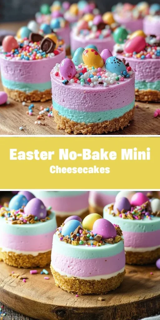 Create a festive touch for your Easter celebrations with these delightful No-Bake Mini Cheesecakes! These easy-to-make treats are not only visually appealing but also a delight for all ages. With their creamy texture and endless topping possibilities, they are perfect for spring gatherings. Prepare in advance and impress your guests with this charming dessert that embodies the joy of Easter. Get ready to indulge! #EasterDesserts #NoBakeCheesecake #SpringTreats #MiniCheesecakes #EasterTreats