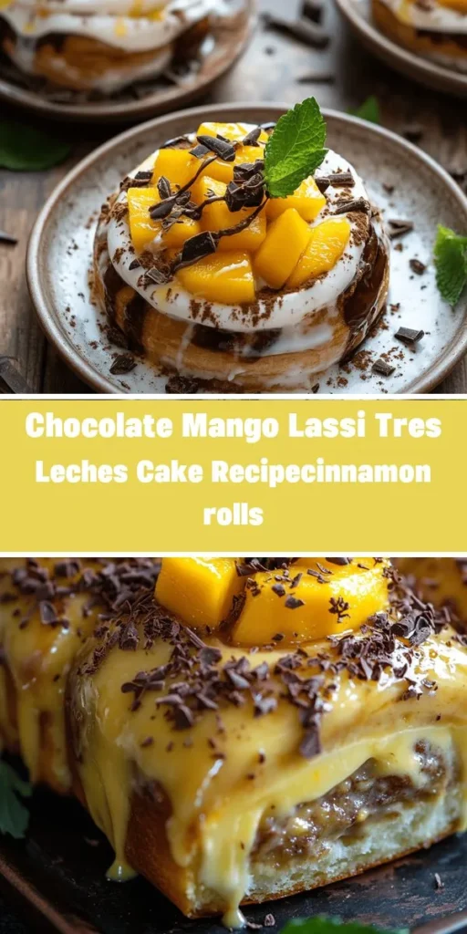 Discover the amazing world of desserts with Chocolate Mango Lassi Tres Leches Cake Cinnamon Rolls! This unique recipe fuses classic cinnamon rolls with the rich and creamy goodness of tres leches cake, enhanced by tropical mango flavors. Perfect for any occasion, this treat promises to wow your friends and family. Get ready to create a masterpiece in your kitchen! #CinnamonRolls #Desserts #Baking #TresLeches #ChocolateLovers #Mango #FusionFood #HomeBaking