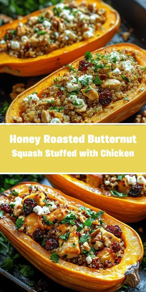 Indulge in the flavors of fall with this Honey Roasted Butternut Squash Stuffed with Chicken! A vibrant dish that combines sweet, caramelized butternut squash with savory chicken, quinoa, cranberries, walnuts, and feta. Perfect for family dinners or meal prep, this delicious recipe is packed with nutrients, ensuring a healthy and satisfying meal. Embrace seasonal cooking with this delightful recipe! #ButternutSquash #FallRecipes #HealthyEating #ComfortFood #MealPrep #NutritiousAndDelicious