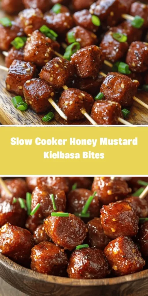 Indulge in a crowd-pleaser with Sweet & Savory Slow Cooker Honey Mustard Kielbasa Bites! Perfect for parties or casual gatherings, these bites combine the rich flavor of kielbasa with a sticky honey mustard glaze, achieved effortlessly in your slow cooker. With tender, juicy bites ready to serve, you can enjoy the festivities without spending hours in the kitchen. Ideal as appetizers or snacks, these bites are sure to impress! #Kielbasa #SlowCooker #Appetizer #PartyFood #ComfortFood #HoneyMustard #GameDaySnack