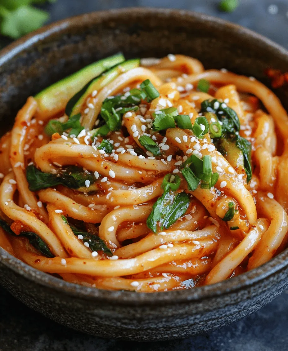 Are you ready to tantalize your taste buds with a dish that perfectly balances spice and creaminess? The <strong>Spicy & Creamy Gochujang Udon Noodles</strong> recipe is a culinary delight that brings together the rich flavors of Korean cuisine with the comforting texture of udon noodles. This dish is not just a meal; it’s an experience that promises to awaken your senses with every bite.” /></p>
</p>
<h3>Garnishes: Why They Matter for Presentation and Flavor</h3>
</p>
<p>When it comes to food, presentation can elevate a simple dish into a culinary masterpiece. Garnishes play a crucial role in enhancing both the visual appeal and the flavor profile of your Spicy & Creamy Gochujang Udon Noodles. Fresh herbs like cilantro or green onions can add a vibrant splash of color, while sesame seeds offer a subtle crunch that complements the creamy texture of the sauce. Not only do these garnishes make the dish more attractive, but they also introduce additional layers of flavor that can elevate the overall eating experience.</p>
</p>
<h3>Step-by-Step Cooking Instructions</h3>
</p>
<h4>Detailed Preparation Steps for Clarity and Ease of Understanding</h4>
</p>
<p>Before diving into the cooking process, make sure all your ingredients are prepped and ready. This includes chopping your vegetables and measuring out your sauces. Having everything organized will streamline the cooking process and help you achieve the best results.</p>
</p>
<h4>Cooking the Udon Noodles: Tips for Perfect Texture</h4>
</p>
<p>1. <strong>Boil Water</strong>: Start by bringing a large pot of salted water to a rolling boil. The salt will enhance the flavor of the noodles.</p>
</p>
<p>2. <strong>Cook the Noodles</strong>: Add the udon noodles to the boiling water and cook according to the package instructions, usually about 8-10 minutes. Stir occasionally to prevent sticking.</p>
</p>
<p>3. <strong>Check for Doneness</strong>: Taste a noodle to ensure it’s cooked to your liking. Udon noodles should be firm yet tender.</p>
</p>
<p>4. <strong>Drain and Rinse</strong>: Once cooked, drain the noodles in a colander and rinse them under cold water. This stops the cooking process and helps maintain their texture.</p>
</p>
<h4>Preparing the Sauce: Techniques for Mixing and Balancing Flavors</h4>
</p>
<p>1. <strong>Combine Ingredients</strong>: In a medium bowl, combine gochujang, soy sauce, coconut milk, and sugar.</p>
</p>
<p>2. <strong>Mix Thoroughly</strong>: Use a whisk or fork to blend the ingredients together until the mixture is smooth and creamy. Adjust the levels of gochujang and sugar to taste, balancing the spice and sweetness to your preference.</p>
</p>
<p>3. <strong>Set Aside</strong>: Once mixed, set the sauce aside to allow the flavors to meld while you sauté the vegetables.</p>
</p>
<h4>Sautéing Vegetables: Importance of Timing and Temperature</h4>
</p>
<p>1. <strong>Heat the Oil</strong>: In a large skillet or wok, heat 2 tablespoons of vegetable oil over medium-high heat until shimmering.</p>
</p>
<p>2. <strong>Add Aromatics</strong>: Start by adding minced garlic and ginger, sautéing for about 30 seconds until fragrant. Be careful not to burn them.</p>
</p>
<p>3. <strong>Vegetable Addition</strong>: Add your chopped vegetables (such as bell peppers, broccoli, and snap peas) to the pan. Stir-fry for 3-5 minutes, ensuring they remain crisp-tender. The timing is crucial; overcooked veggies lose their vibrant color and crunch.</p>
</p>
<p>4. <strong>Incorporate the Sauce</strong>: Pour the prepared sauce over the sautéed vegetables, stirring well to coat them evenly.</p>
</p>
<h4>Combining Everything: Ensuring Even Coating and Flavor Distribution</h4>
</p>
<p>1. <strong>Add the Noodles</strong>: Gently add the drained udon noodles to the skillet with the vegetable and sauce mixture.</p>
</p>
<p>2. <strong>Toss to Combine</strong>: Using tongs or two forks, carefully toss the noodles with the vegetables and sauce until everything is well combined and the noodles are evenly coated.</p>
</p>
<p>3. <strong>Heat Through</strong>: Continue to stir-fry for another 1-2 minutes to ensure the dish is heated through and the flavors are well distributed.</p>
</p>
<h3>Flavor Profile and Texture</h3>
</p>
<p>The Spicy & Creamy Gochujang Udon Noodles present a delightful combination of flavors and textures. The sauce, rich and creamy from the coconut milk, balances the heat of the gochujang, resulting in a sweet, spicy, and savory profile that tantalizes the taste buds.</p>
</p>
<p>The udon noodles provide a chewy, satisfying base, while the sautéed vegetables contribute a fresh crunch that contrasts beautifully with the creamy sauce. The dish’s versatility allows for various adaptations; consider adding proteins like grilled chicken or tofu for extra heartiness, or switch out the vegetables based on seasonal availability or personal preference.</p>
</p>
<h3>Serving Suggestions</h3>
</p>
<p>To enhance your dining experience, consider these serving suggestions:</p>
</p>
<p>– <strong>Ideal Accompaniments</strong>: Pair your udon noodles with a light cucumber salad or miso soup to complement the richness of the dish. A refreshing drink, such as iced green tea, can balance the spiciness perfectly.</p>
</p>
<p>– <strong>Presentation Tips</strong>: Serve the noodles in deep bowls to showcase their vibrant colors. Top with sliced green onions, a sprinkle of toasted sesame seeds, and a drizzle of sesame oil or chili oil for an extra flavor kick.</p>
</p>
<p>– <strong>Cultural Context</strong>: Noodle dishes are a staple in East Asian cuisine, often symbolizing longevity and prosperity. They are commonly enjoyed during celebrations and family gatherings, making this dish not only delicious but also culturally significant.</p>
</p>
<h3>Nutritional Information</h3>
</p>
<p>Each serving of Spicy & Creamy Gochujang Udon Noodles provides approximately:</p>
</p>
<p>– <strong>Calories</strong>: 500</p>
<p>– <strong>Protein</strong>: 12g</p>
<p>– <strong>Fat</strong>: 20g</p>
<p>– <strong>Carbohydrates</strong>: 70g</p>
<p>– <strong>Fiber</strong>: 4g</p>
<p>– <strong>Sugar</strong>: 6g</p>
</p>
<h4>Health Benefits of the Main Ingredients</h4>
</p>
<p>The primary ingredients in this dish offer a host of health benefits. Udon noodles, made from wheat flour, provide complex carbohydrates for energy. The gochujang adds not only flavor but also probiotics, which support gut health. Vegetables like bell peppers and broccoli are packed with vitamins A and C, essential for immune function. Coconut milk, while rich in calories, contains healthy fats that can provide sustained energy.</p>
</p>
<h4>Considerations for Dietary Restrictions</h4>
</p>
<p>For those following vegan diets, this recipe is already plant-based, making it suitable for a variety of dietary preferences. To accommodate gluten-free diets, consider using gluten-free udon noodles or alternative noodles made from rice or buckwheat.</p>
</p>
<h3>Conclusion</h3>
</p>
<p>The Spicy & Creamy Gochujang Udon Noodles are a vibrant, flavorful dish that combines the best of sweet, spicy, and creamy elements, making it a joy to prepare and enjoy. With its straightforward steps, this recipe is accessible for both novice cooks and seasoned chefs alike.</p>
</p>
<p>Not only does this dish highlight the versatility of udon noodles, but it also invites a world of flavors that can be customized to fit your taste preferences. Whether you’re cooking for a casual weeknight dinner or a special gathering, this dish is sure to impress. So gather your ingredients, roll up your sleeves, and embark on a culinary adventure that will delight your palate and brighten your dining table. Enjoy the journey of creating this delicious meal at home!</p>
</div>