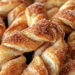 Cinnamon Sugar Twists are a delicious treat that perfectly combines the flakiness of puff pastry with the warm, comforting flavors of cinnamon and sugar. These delightful pastries are more than just a sweet snack; they evoke a sense of nostalgia and comfort that makes them a favorite for many. Whether enjoyed at a cozy family gathering or served at a festive celebration, these twists are sure to please everyone at the table. The best part? This recipe is incredibly simple, making it accessible for both novice bakers and those with more experience in the kitchen.