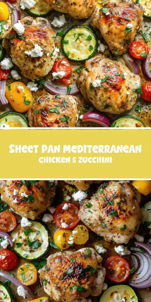 Looking for a quick and delicious dinner option? Try Sheet Pan Mediterranean Chicken & Zucchini! This hassle-free one-pan meal features juicy chicken thighs and vibrant veggies, drizzled with healthy olive oil and packed with Mediterranean flavors. It's perfect for busy weeknights and full of nutrients. Enjoy the combination of fresh herbs, garlic, and spices that create a mouthwatering experience. Discover the joys of easy cooking and a wholesome meal tonight! #SheetPanMeals #MediterraneanCooking #HealthyDinner #QuickRecipes #MealPrep