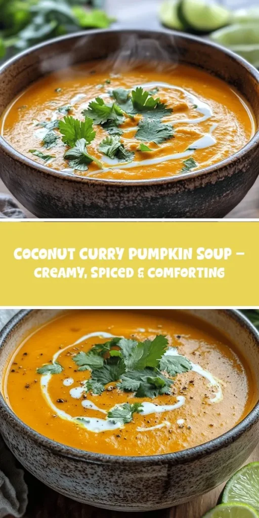 Warm up your chilly days with a cozy bowl of Coconut Curry Pumpkin Soup! This creamy, spiced delight is packed with nutrients and unbeatable flavors, combining pumpkin puree, coconut milk, and aromatic spices for a perfect comfort food experience. It's easy to make, perfect for a quick dinner or gathering with friends. Garnish with fresh cilantro for a pop of color and flavor. Try it today! #PumpkinSoup #CoconutCurry #ComfortFood #HealthyEating #VeganRecipes #FallRecipes #SoupSeason