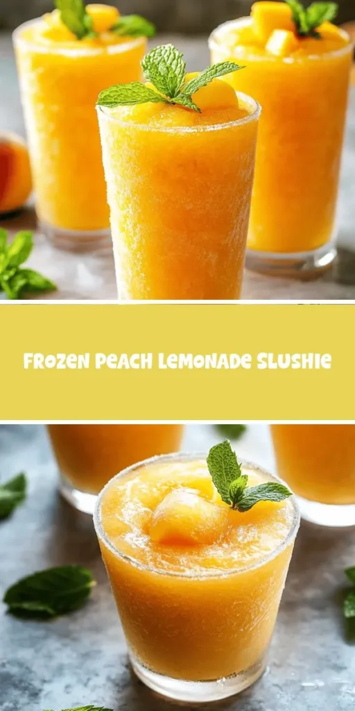 Beat the heat this summer with a refreshing Frozen Peach Lemonade Slushie! This easy-to-make drink combines juicy peaches and zesty lemonade, making it the perfect treat for warm days. Packed with vitamins and antioxidants, it’s not only delicious but nutritious too. Ideal for family gatherings or simply cooling off at home, this slushie can be customized to your taste. Dive into summer bliss with every sip! #SummerDrinks #Slushie #PeachLemonade #Refreshing #HealthyDrinks #HomemadeTreats #FamilyFun