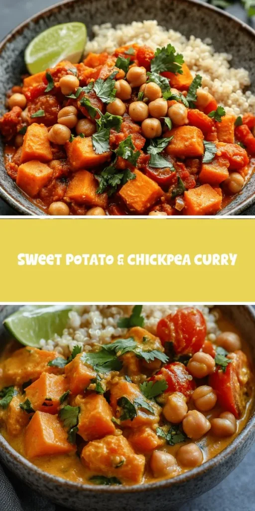 Discover the warmth and nutrition of Sweet Potato & Chickpea Curry, a vibrant dish bursting with flavor and health benefits. This hearty vegan meal combines creamy sweet potatoes, nutty chickpeas, and aromatic spices for a delightful experience. Perfect for any occasion, it’s versatile enough to pair with rice, naan, or enjoyed on its own. Easy to prepare, it’s an ideal choice for meal prep and a cozy dinner. #Curry #VeganRecipes #HealthyEating #ComfortFood #PlantBased #SweetPotatoes #Chickpeas
