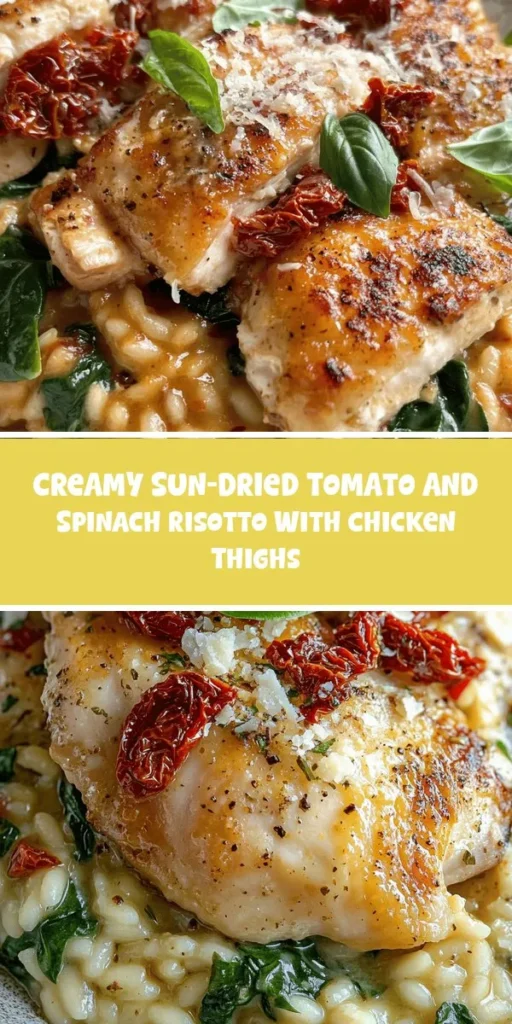 Discover the ultimate comfort food with this creamy sun-dried tomato and spinach risotto featuring tender chicken thighs. This easy-to-make dish celebrates Italian cuisine with its rich flavors and velvety texture. Perfect for weeknight dinners or special occasions, it balances the sweetness of sun-dried tomatoes with the freshness of spinach. Get ready to impress with every delicious bite! #Risotto #ItalianCuisine #DinnerIdeas #Foodie #ComfortFood #ChickenThighs #HealthyEating