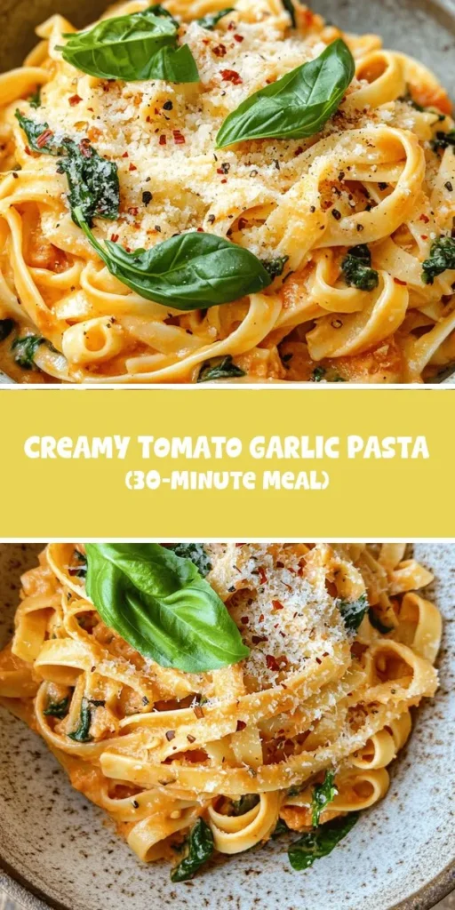 Indulge in the rich flavors of our Creamy Tomato Garlic Pasta! This easy recipe combines velvety cream, tangy tomatoes, and aromatic garlic for a quick and satisfying dish that can be customized to your taste. Perfect for busy weeknights or special occasions, this pasta is a nutritious delight packed with essential ingredients. Elevate your dinner game and impress your loved ones with this comforting meal! #PastaRecipes #CreamyPasta #TomatoGarlic #EasyDinner #ComfortFood #RecipeIdeas