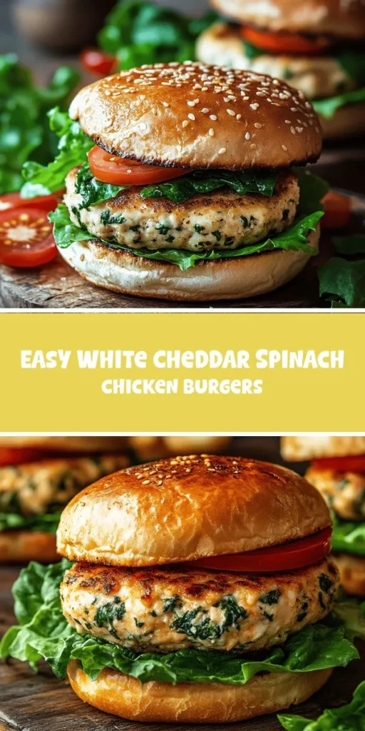 Discover the perfect balance of health and flavor with these Easy White Cheddar Spinach Chicken Burgers! Made with lean ground chicken, vibrant spinach, and creamy white cheddar, this recipe is not only delicious but also packed with nutrients. Ideal for quick dinners or weekend barbecues, these burgers are easy to prepare and fun to customize. Elevate your meal with fresh toppings and sides for a complete dining experience. Let&rsquo;s make mealtime both tasty and nutritious! #ChickenBurgers #HealthyEating #DinnerIdeas #RecipeInspo #MealPrep #HealthyBurgers