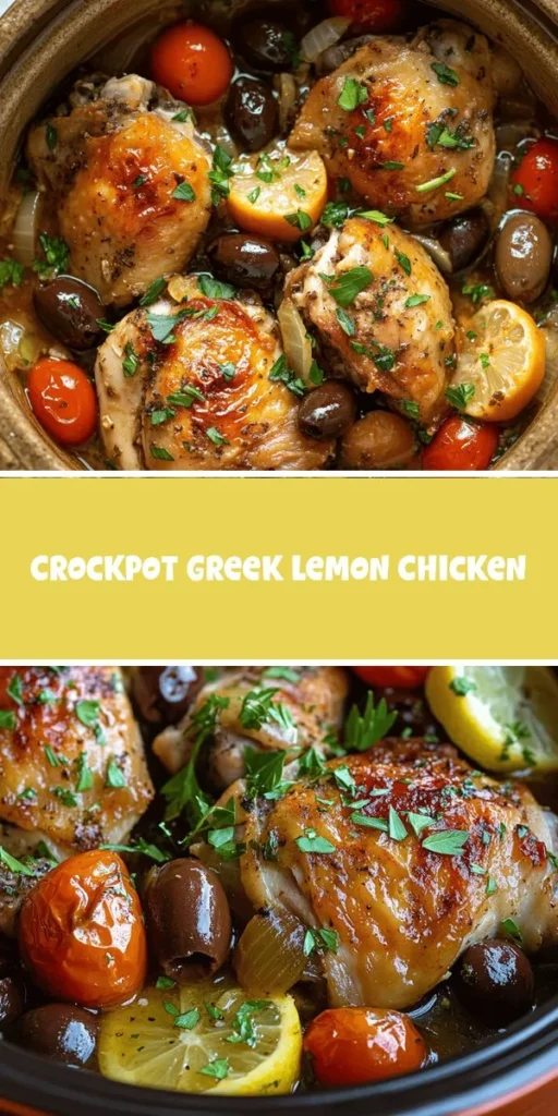 Embark on a flavorful journey with this Crockpot Greek Lemon Chicken! Experience the perfect blend of tender chicken, zesty lemon, and aromatic herbs that will transport your taste buds straight to Greece. With minimal prep and a hands-off cooking process, this dish is as nutritious as it is delicious. Ideal for busy nights, it offers a taste of Mediterranean cuisine right at home. Try it tonight! #GreekCuisine #CrockpotRecipes #HealthyEating #MediterraneanDiet #ComfortFood
