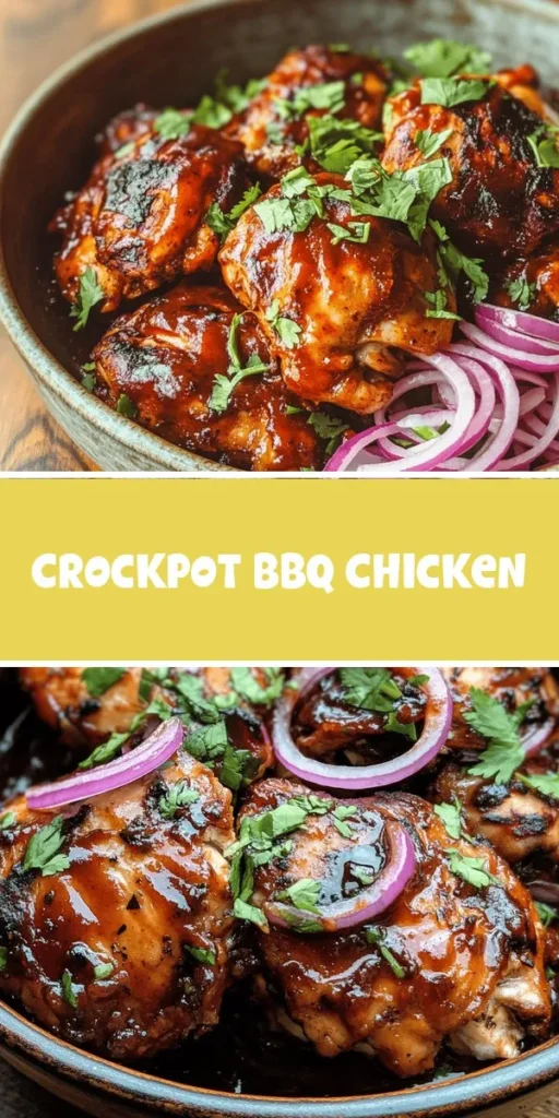 Discover the joy of savory slow-cooked BBQ chicken with this easy recipe! Perfect for family dinners or meal prepping, this dish combines tender chicken thighs with rich BBQ flavors that develop through low and slow cooking. Just set your Crockpot and let it do the work. Ideal for sandwiches, tacos, or salads, this versatile dish will please any palate. Dive into comforting, delicious goodness today! #BBQChicken #SlowCooker #ComfortFood #MealPrep #CrockpotRecipes #FamilyDinner