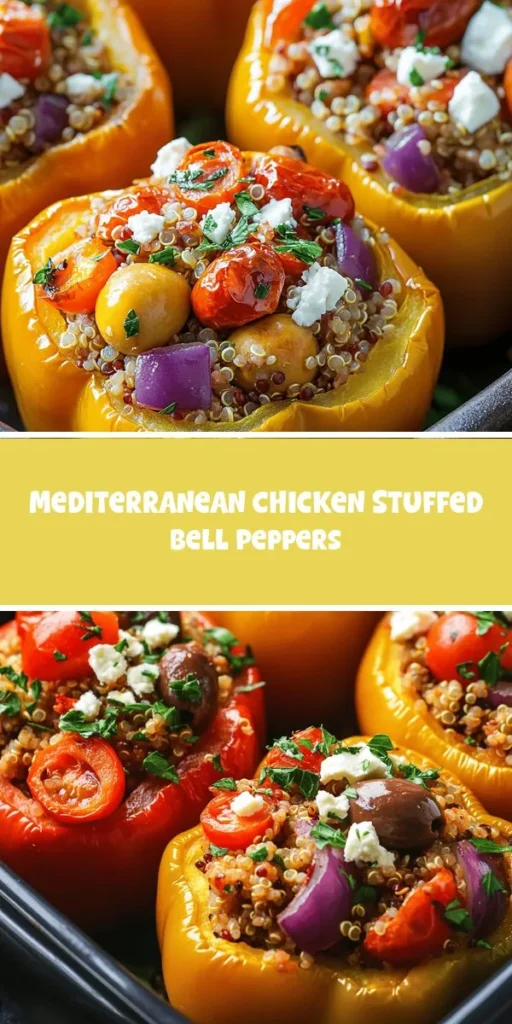Elevate your dinner with these Mediterranean Chicken Stuffed Bell Peppers! Bursting with flavor and nutrition, they combine lean ground chicken, quinoa, fresh vegetables, and aromatic spices, all nestled inside vibrant bell peppers. Perfect as a weeknight meal or an impressive dish for guests, these stuffed peppers are filling and wholesome. Discover the joy of Mediterranean cuisine and enjoy a healthy, delicious option for any table! #StuffedPeppers #MediterraneanDiet #HealthyEating #DinnerInspiration #RecipeIdeas
