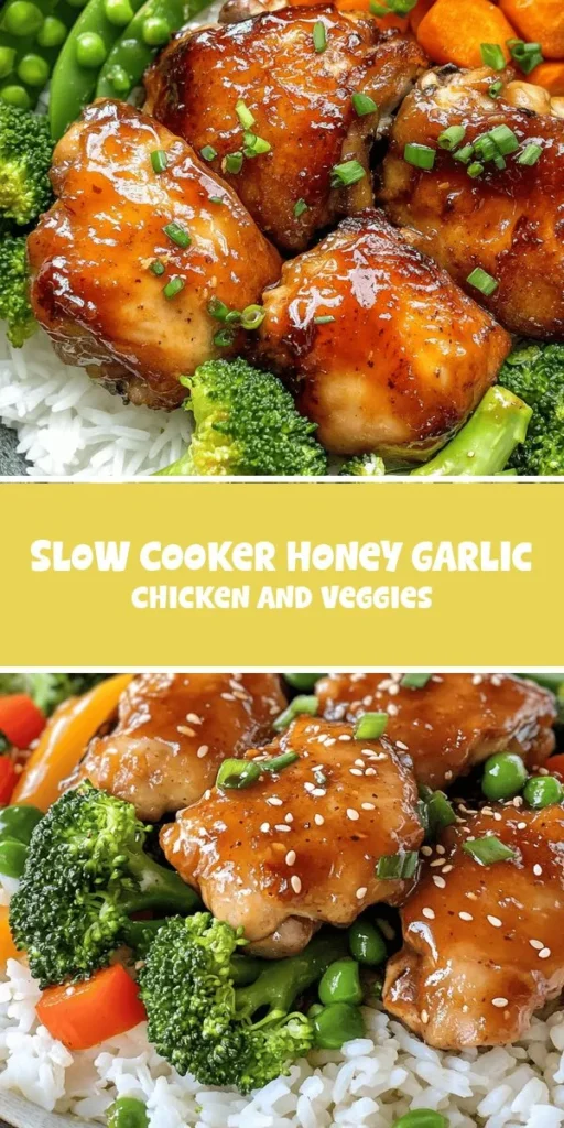 Discover the amazing flavors of Slow Cooker Honey Garlic Chicken and Veggies! This nutritious dish combines tender chicken thighs, fresh vegetables, and a sticky sweet sauce, perfect for busy weeknights. With minimal prep and a slow cooking process that deepens flavors, you&rsquo;ll come home to a comforting meal waiting for you. Ideal for families and meal prep! Try it today and enjoy healthy home cooking! #SlowCookerRecipes #HoneyGarlicChicken #HealthyMeals #MealPrep #EasyDinners #ComfortFood