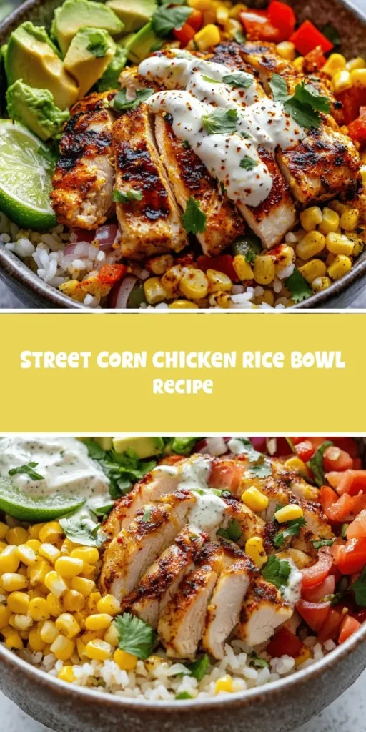 Discover the perfect weeknight dinner with the Street Corn Chicken Rice Bowl! This vibrant dish beautifully blends juicy chicken, sweet corn, fresh veggies, and a creamy dressing, making it both satisfying and nutritious. Easy to prepare and customizable, it brings a taste of street food culture right to your kitchen. Whether you're meal prepping or looking for a flavor-packed dinner, this recipe is sure to please. #StreetCorn #RiceBowl #HealthyEating #DinnerInspo #ComfortFood #RecipeIdeas