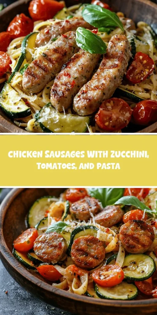Try this Savory Chicken Sausages with Zucchini & Tomato Pasta for a quick and healthy weeknight dinner! This delightful dish combines tender chicken sausages, fresh zucchini, and sweet cherry tomatoes, all tossed with your choice of pasta. Packed with protein and vitamins, it&rsquo;s ready in just 30 minutes. Perfect for busy nights, this colorful meal is not only nourishing but looks beautiful on your table. #PastaRecipes #HealthyEating #QuickMeals #ChickenSausages #Zucchini #TomatoPasta