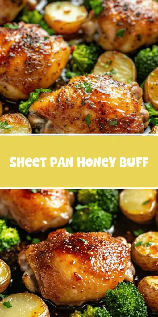 Discover the delicious simplicity of the Sheet Pan Honey Buff recipe, perfect for busy weeknights! This one-pan meal features tender chicken thighs marinated in a sweet and savory honey-soy glaze, paired with vibrant baby potatoes and broccoli. Enjoy minimal prep, easy cleanup, and a delightful balance of flavors in every bite. Elevate your home cooking with this nutritious and satisfying dish that your whole family will love. #SheetPanMeal #EasyDinner #HealthyEating #HoneyBuff #OnePanWonder