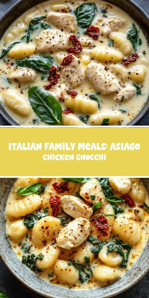 Dive into the comforting flavors of Asiago Chicken Gnocchi! This creamy dish combines tender gnocchi, succulent chicken, and a rich Asiago cheese sauce that&rsquo;s perfect for family dinners or impressing guests. Experience the delightful textures and savory notes that make this an Italian classic. Easy to make, it&rsquo;s sure to warm your heart! Try it today! #AsiagoChickenGnocchi #ComfortFood #ItalianCuisine #HomemadeGnocchi #CookingAtHome #DeliciousRecipes