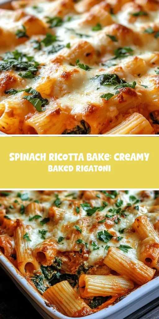 Experience comfort food at its finest with this Spinach Ricotta Bake! This creamy baked rigatoni is not just a feast for the eyes but also a nutritious choice with flavors that please everyone—kids and adults alike. Packed with vitamins from spinach and protein-rich ricotta, it’s a wholesome meal perfect for any occasion. Top it with melty mozzarella for an irresistible golden crust. Dive into this delicious pasta bake today! #SpinachRicottaBake #ComfortFood #PastaLovers #HealthyEating #DinnerIdeas #RecipeOfTheDay