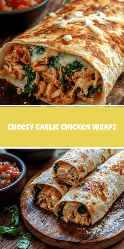 Discover the joy of cooking with Cheesy Garlic Chicken Wraps, a delightful and easy recipe perfect for any occasion! Combining tender chicken, gooey cheese, and aromatic garlic, these wraps are not just flavorful but also simple to prepare. Ideal for a quick weeknight dinner or a crowd-pleaser at gatherings, you can customize them with your favorite ingredients. Try them today and elevate your meal experience! #CheesyGarlicChickenWraps #EasyRecipes #ComfortFood #QuickMeals #CookingInspiration #DeliciousWraps #MealPrepIdeas #Foodie