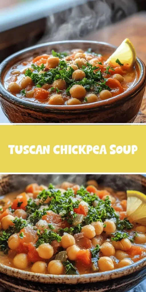 Warm up with a bowl of Tuscan Chickpea Soup, a nourishing delight that captures the essence of rustic Italian cuisine. This hearty soup combines chickpeas, fresh vegetables, and aromatic herbs, creating a flavorful and satisfying dish packed with plant-based protein and nutrients. Perfect for chilly days or any meal of the day, this recipe encourages creativity and can be easily tailored to fit dietary needs. Enjoy the comfort of homemade goodness! #TuscanChickpeaSoup #HealthyEating #ComfortFood #PlantBased #ItalianCuisine #HomemadeSoup
