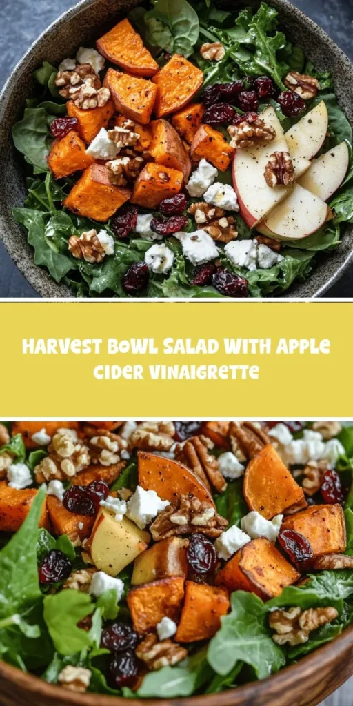 Celebrate the bounty of fall with a vibrant Harvest Bowl Salad featuring a homemade apple cider vinaigrette! This dish combines mixed greens, quinoa, roasted sweet potatoes, and crisp apples for a nutrient-rich meal. Perfect as a main or side, it's easily customizable to suit your taste. Discover the health benefits and delightful flavors that make this salad a seasonal favorite. Who's ready for a bowl of goodness? #HarvestBowl #FallSalad #HealthyEating #AppleCiderVinaigrette #SeasonalRecipes #SaladLove #MealPrepIdeas