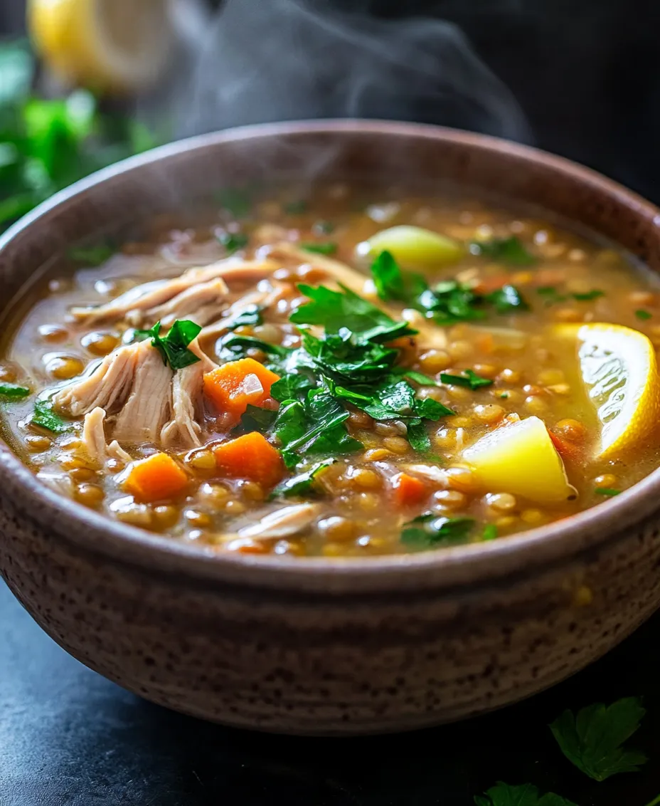 As the temperature drops and the days grow shorter, there's nothing quite like a steaming bowl of soup to warm your soul and comfort your senses. One such dish that perfectly embodies this cozy experience is <strong>Hearty Chicken Lentil Soup</strong>. This delicious and nutritious meal combines tender chunks of chicken, hearty lentils, and an array of vibrant vegetables, creating a symphony of flavors and textures. Not only is it satisfying, but it’s also packed with essential nutrients that make it a wholesome choice for any day of the week.” /></p>
</p>
<h3>The Art of Layering Flavors in Soup</h3>
</p>
<p>When crafting a delicious chicken lentil soup, layering flavors is essential. This technique involves building depth and complexity through each step of the cooking process. Begin by sautéing onions, garlic, and carrots in olive oil until they are fragrant and tender. This not only creates a flavorful base but also enhances the overall aroma of your soup. As you add spices like cumin, paprika, or bay leaves, allow them to toast briefly to release their essential oils, infusing the soup with even more character.</p>
</p>
<p>Incorporating ingredients in stages allows for a harmonious blend of tastes. For instance, adding lentils and chicken at different intervals ensures that both cook properly without becoming mushy or overcooked. This thoughtful approach to layering flavors is what sets a great soup apart from a mediocre one.</p>
</p>
<h3>Tips for Ensuring Even Cooking of Lentils and Chicken</h3>
</p>
<p>To achieve perfectly cooked lentils and chicken, consider the following tips:</p>
</p>
<p>1. <strong>Uniform Sizes</strong>: Cut the chicken into evenly sized pieces to ensure they cook at the same rate. The same applies to vegetables; uniformity helps in even cooking and texture.</p>
</p>
<p>2. <strong>Type of Lentils</strong>: Choose the right lentils for your soup. Brown or green lentils are ideal as they retain their shape during cooking. Avoid red lentils if you prefer a firmer texture, as they tend to break down and become mushy.</p>
</p>
<p>3. <strong>Pre-soaking Lentils</strong>: While not necessary, soaking lentils for a few hours can reduce cooking time and help them cook more evenly. If you choose to soak, remember to drain and rinse them before adding to the pot.</p>
</p>
<h3>Simmering the Soup</h3>
</p>
<p>Once all your ingredients are in the pot, it’s time to let them simmer. Bring the mixture to a gentle boil before reducing the heat to a low simmer. This slow cooking process is crucial for flavor infusion and tenderness.</p>
</p>
<p>The key to a great soup lies in patience. Allow the soup to simmer for at least 30 to 45 minutes, stirring occasionally. This not only helps the flavors meld together but also ensures that the lentils cook through without losing their structure.</p>
</p>
<h3>Checking Doneness of Lentils and Chicken</h3>
</p>
<p>To ensure that your soup is perfectly cooked, regularly check the doneness of both the lentils and chicken. Lentils should be tender but still hold their shape, while chicken should reach an internal temperature of 165°F (75°C) for safety.</p>
</p>
<p>To check the chicken, cut a piece in half to ensure it’s no longer pink and the juices run clear. For lentils, simply taste a few grains. They should be soft without being mushy, providing a pleasant bite to each spoonful.</p>
</p>
<h3>Shredding the Chicken</h3>
</p>
<p>Once your chicken is cooked through, it’s time to shred it. For optimal texture, remove the chicken from the pot and let it cool for a few minutes. Using two forks, gently pull the chicken apart into bite-sized pieces. This technique not only enhances the dish’s texture but also allows the chicken to absorb the soup’s flavors upon return to the pot.</p>
</p>
<p>The shredded chicken plays a vital role in the final dish, adding protein and heartiness to each bowl. It creates a comforting, rustic feel that pairs beautifully with the lentils and vegetables.</p>
</p>
<h3>Finishing Touches</h3>
</p>
<p>To elevate your chicken lentil soup, consider adding fresh spinach and a splash of lemon juice before serving. The spinach wilts quickly and adds a vibrant green color along with essential vitamins. The lemon juice brightens the overall flavor, balancing the richness of the chicken and lentils.</p>
</p>
<p>Before serving, taste the soup one last time and adjust the seasoning as necessary. A pinch of salt or a dash of pepper can make a world of difference in achieving a well-rounded flavor profile.</p>
</p>
<h3>Serving Suggestions</h3>
</p>
<p>Presentation can enhance the overall dining experience. Serve your hearty chicken lentil soup in deep bowls, garnished with a sprinkle of fresh herbs like parsley or cilantro for a pop of color.</p>
</p>
<p>For complementary sides, consider crusty bread or a fresh salad to accompany the soup. These options provide a delightful contrast in texture and flavor. As for beverages, a light white wine or a refreshing iced tea can pair wonderfully with this comforting dish.</p>
</p>
<h3>Nutritional Information</h3>
</p>
<p>This hearty chicken lentil soup is not only satisfying but also packed with nutrients. Each serving typically contains:</p>
</p>
<p>– <strong>Calories</strong>: Approximately 300-350 calories</p>
<p>– <strong>Protein</strong>: 25-30 grams</p>
<p>– <strong>Fats</strong>: 7-10 grams</p>
<p>– <strong>Carbohydrates</strong>: 40-45 grams</p>
</p>
<p>The health benefits of the ingredients are noteworthy. Chicken provides lean protein necessary for muscle repair and growth, while lentils are rich in fiber, promoting digestive health. Carrots and spinach contribute vitamins A and C, essential for immune function, and the overall mix creates a balanced meal.</p>
</p>
<h3>Cultural Aspects of Soup</h3>
</p>
<p>Soup has long been a staple in various cultures worldwide, often serving as a comforting dish that brings people together. In many cultures, such as in Eastern Europe, hearty soups are a traditional winter dish, while in Asian cuisines, broth-based soups are an integral part of daily meals.</p>
</p>
<p>Lentils and chicken have significant historical value as well. Lentils are among the oldest cultivated crops and have been a source of nutrition for thousands of years. They are celebrated for their affordability and versatility, making them a staple in many diets. Chicken, similarly, has been a favored protein across civilizations for its flavor and adaptability in numerous recipes.</p>
</p>
<h3>Conclusion</h3>
</p>
<p>In summary, this hearty chicken lentil soup stands out not just for its comforting nature but also for its nutritional benefits and versatility. Whether enjoyed on a chilly evening or shared with loved ones, it exemplifies the warmth of homemade cooking. Feel free to experiment with variations by adding different vegetables or spices to reflect your personal taste.</p>
</p>
<p>Homemade soup is a delightful way to nourish both the body and soul, reminding us of the simple pleasures of cooking and sharing meals. So, gather your ingredients, follow these steps, and enjoy the heartwarming experience of creating a pot of chicken lentil soup in your kitchen.</p>
</div>