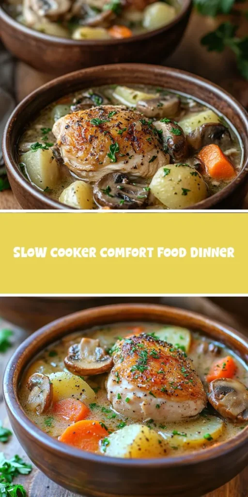 Warm up this season with a Cozy Slow-Cooked Chicken and Mushroom Stew that's easy to make and even easier to love. Tender chicken thighs, earthy cremini mushrooms, and a medley of vegetables simmer together for hours, filling your home with mouthwatering aromas. Perfect for family gatherings or a cozy night in, this dish is creamy, hearty, and packed with flavor. Gather your ingredients and create a meal that nourishes both body and soul! #ChickenStew #ComfortFood #SlowCooking #HealthyEating #CozyMeals