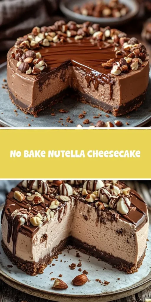 Dive into the world of no-bake desserts with this Nutty Delight: No Bake Nutella Cheesecake recipe! Perfectly creamy, rich, and indulgent, this cheesecake is a chocolate lover's dream come true. With simple ingredients like cream cheese, Nutella, and chocolate sandwich cookies, it's easy to whip up without turning on the oven. Ideal for any occasion, impress your guests and satisfy your sweet tooth effortlessly! #NoBakeCheesecake #NutellaDelight #DessertRecipes #ChocolateLovers #EasyDesserts