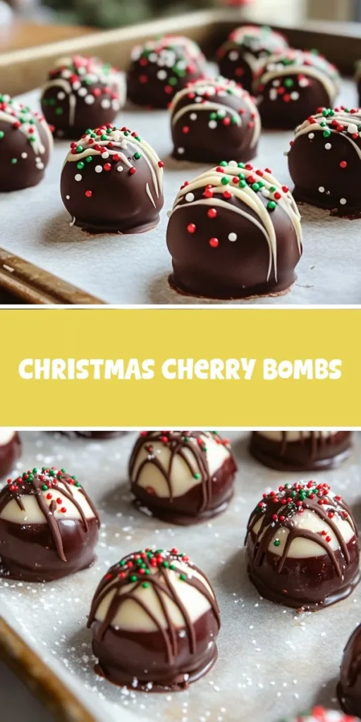 Celebrate the holiday season with Christmas Cherry Bombs, a festive treat that's sure to delight everyone! These bite-sized desserts feature maraschino cherries wrapped in a creamy cheese filling and coated in smooth chocolate, making them visually stunning and irresistibly tasty. Simple to prepare, they are perfect for holiday gatherings. Add some colorful sprinkles for a festive touch! Get ready to impress your friends and family! #ChristmasTreats #HolidayBaking #DessertRecipes #CherryBombs #FestiveDesserts #SweetTooth