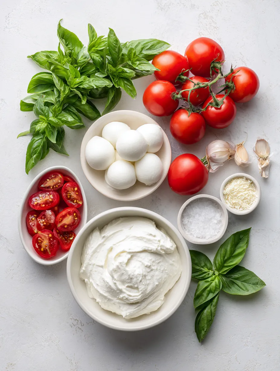 Ingredients for Creamy Caprese Dip: A Savory Twist on a Classic Favorite