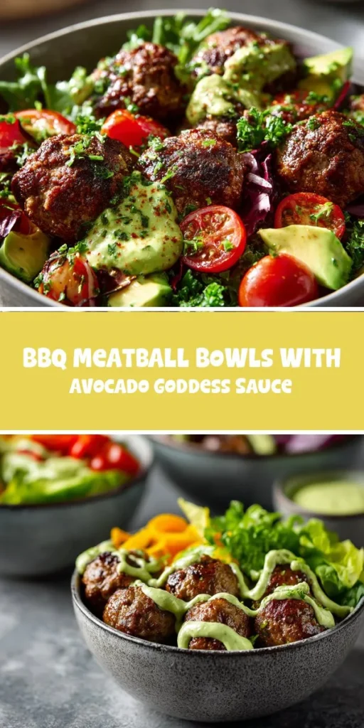 Elevate your low-carb dinner game with these BBQ Meatball Bowls topped with a creamy Avocado Goddess Sauce. This simple steak dinner alternative combines tender meatballs drizzled in tangy BBQ with fresh, vibrant veggies for a meal thats bursting with flavor and color. Join the culinary adventure with epiceats and satisfy your cravings without the carbs! LowCarbDinner MeatballBowls HealthyEating BBQRecipes QuickDinner AvocadoSauce Epiceats