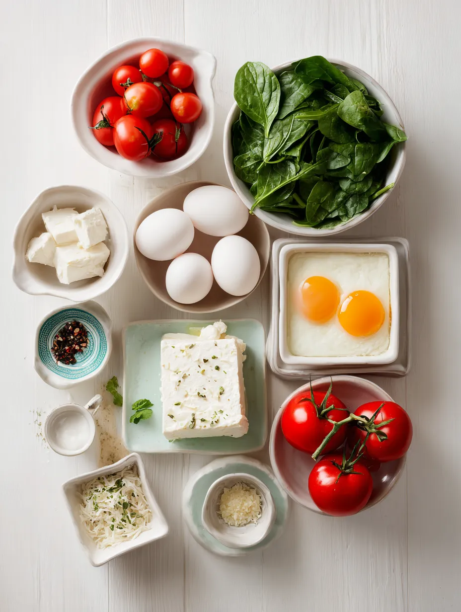Ingredients for Baked Feta Eggs with Spinach and Tomatoes