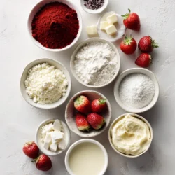 Ingredients for Red Velvet Strawberry Pancakes with Creamy Cheese Drizzle